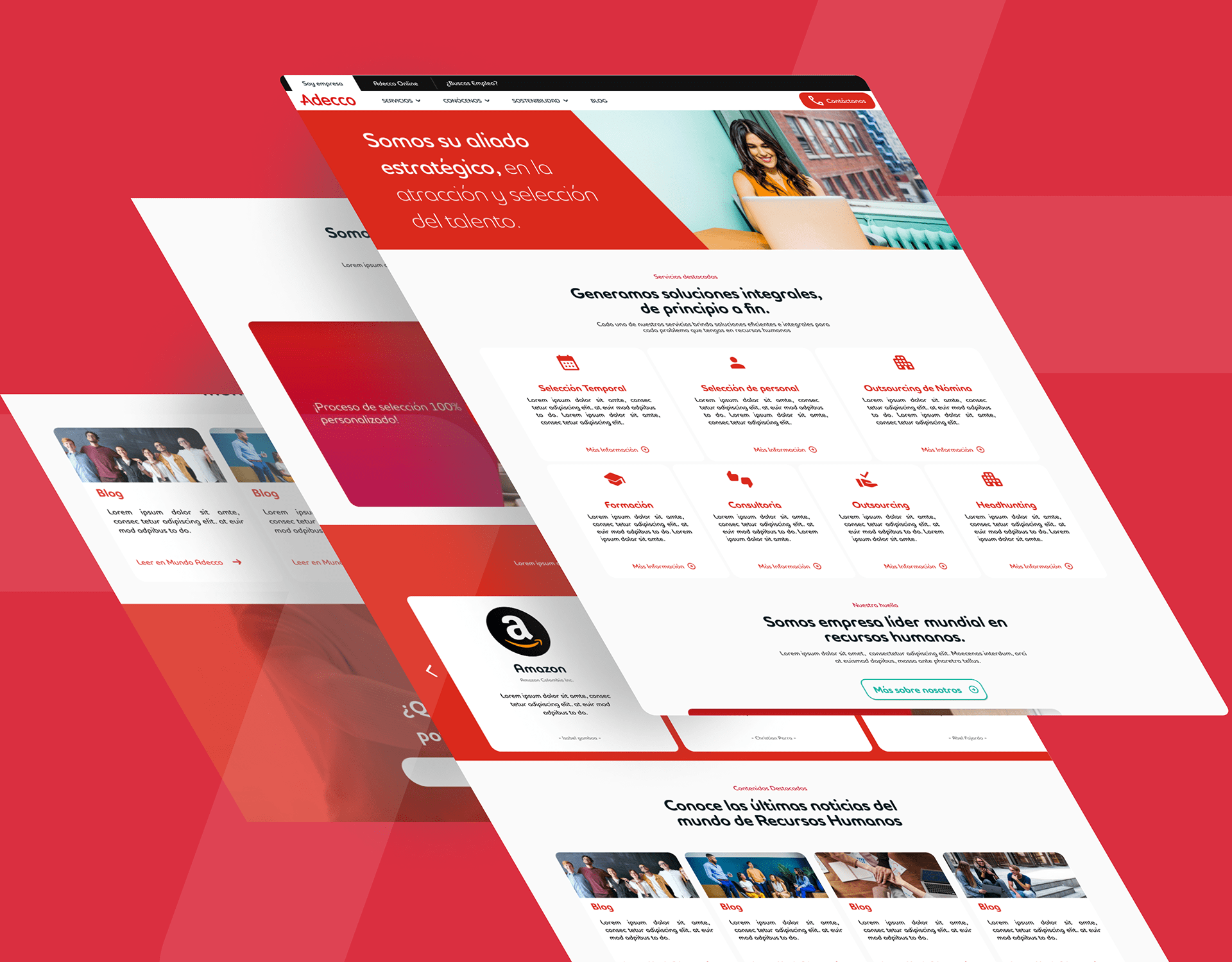 Adecco Colombia homepage redesign, shown as layered screen mockups on a red brand backdrop