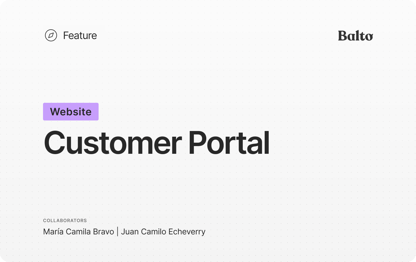 Balto Customer Portal case-study cover — a Website feature title card on a light dotted background