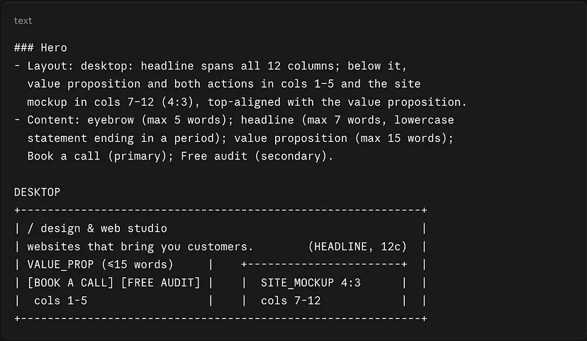 Excerpt of a BONES wireframe file: markdown layout rules for a site hero and an ASCII sketch of its 12-column grid