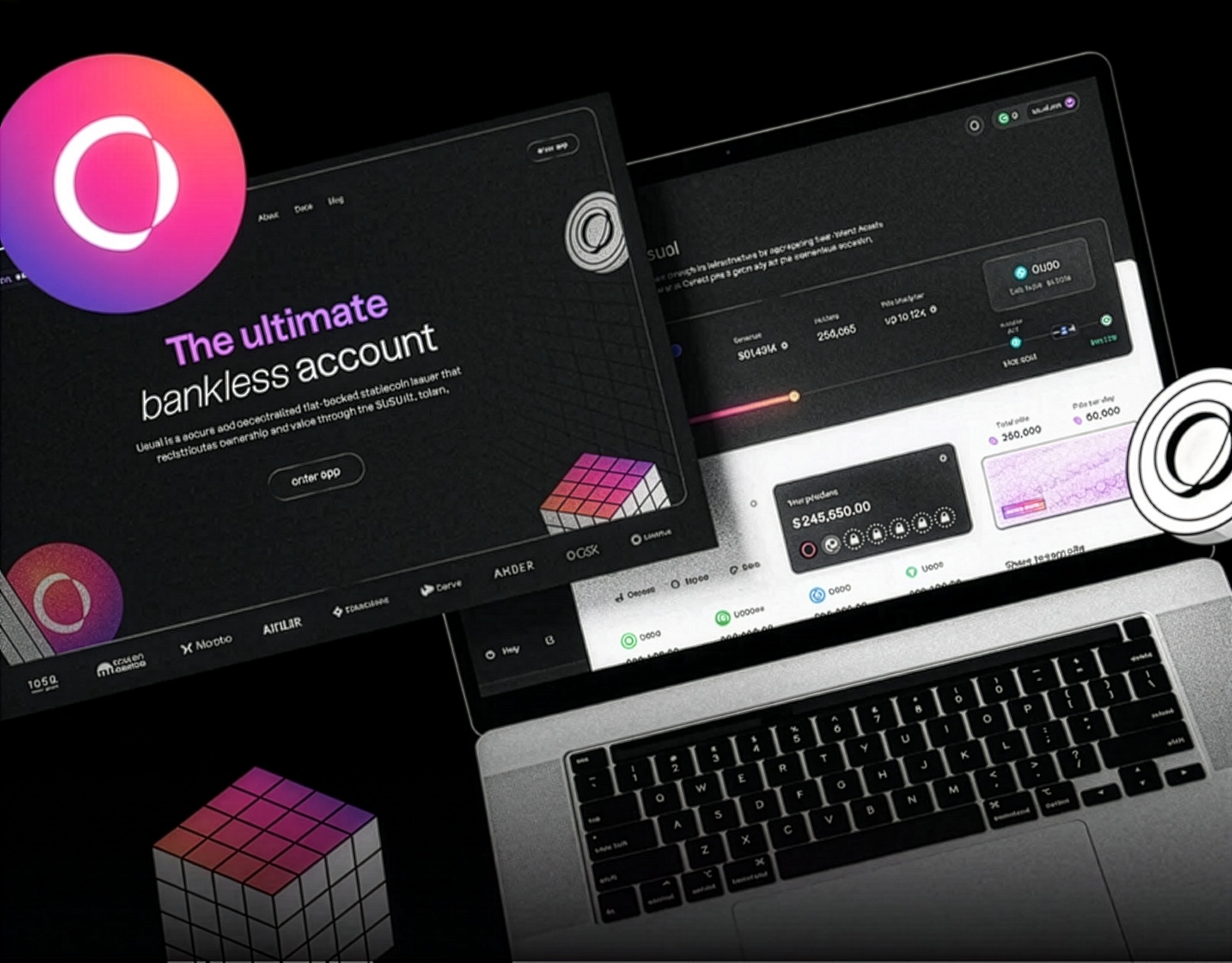 USUAL design system shown across a landing page and dashboard on dark surfaces with the gradient brand mark