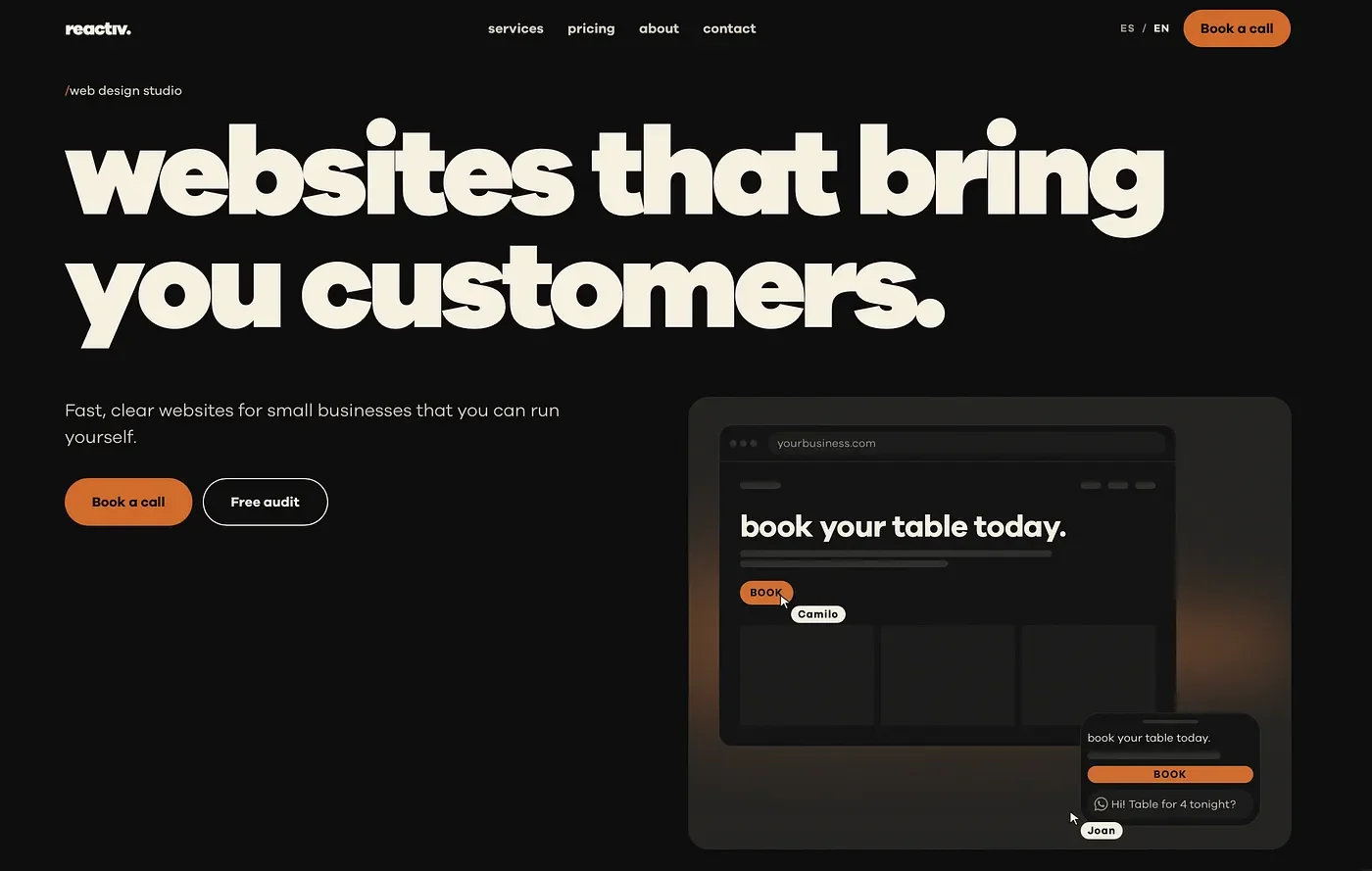 The reactiv.site hero in production: the headline “websites that bring you customers.” spans the full width; below it, the value proposition and the Book a call and Free audit buttons sit on the left, with a website mockup on the right.