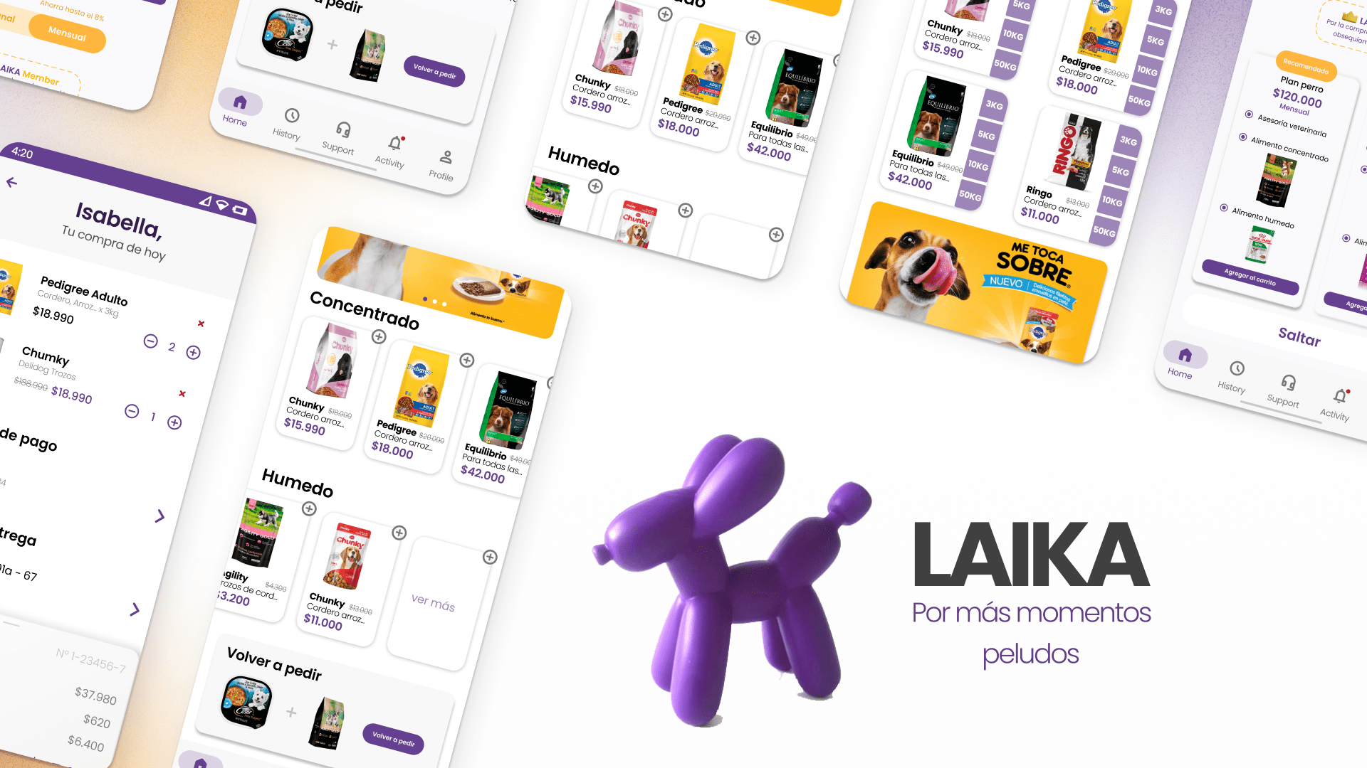 Laika app design — the purple balloon-dog logo and wordmark beside layered mobile screens for the Dieta Laika feature